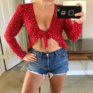 UO Kimchi Blue Red Polka Dot Tie Cropped Blouse